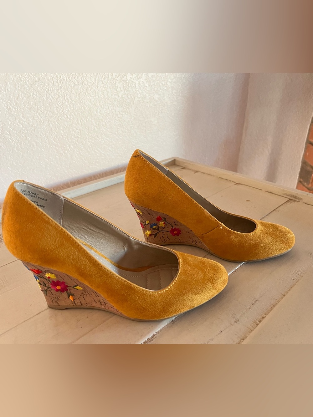 Rialto Mustard Velvet Wedge Pumps with Floral Cork Heel